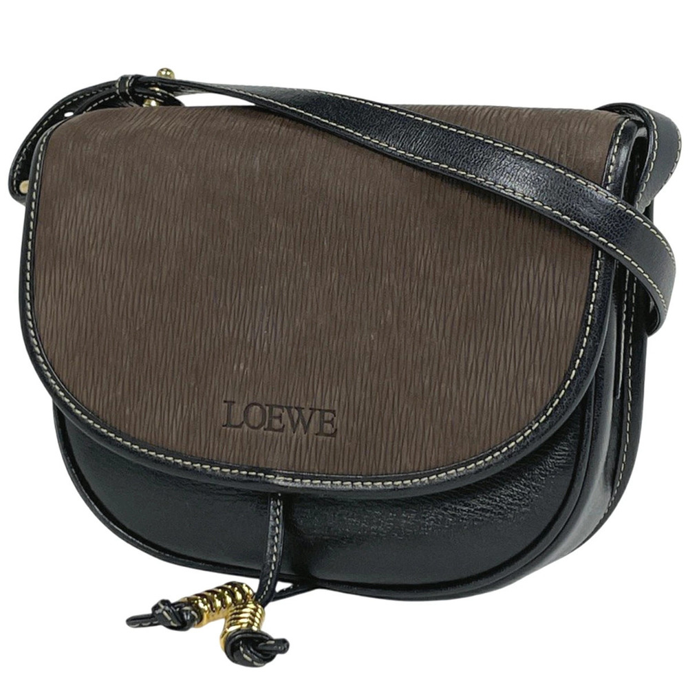 Loewe Velzquez Shoulder Bag Logo Leather Black Brown